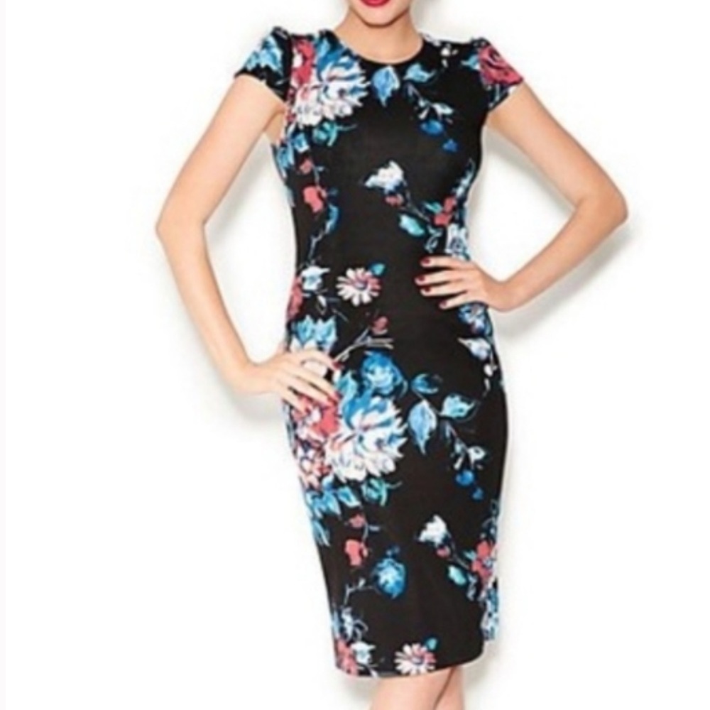 BETSY JOHNSON Black Floral Print Sheath Cap Sleeve Dress Black Size 4
